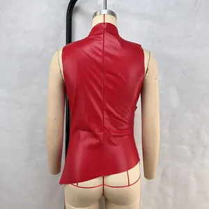 Red sleeveless faux leather mock neck top with irregular hem and back zipper
