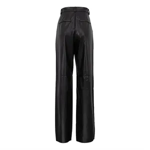 Back view of elegant black high-waisted straight-leg PU leather trousers for women