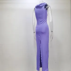 Back view of a purple hooded slim-fit long dress displayed on a clear mannequin detail