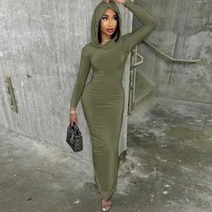 Stylish olive green hooded bodycon maxi dress showcasing a sleek silhouette and modern design