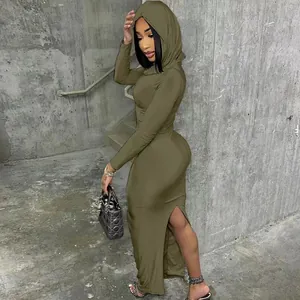 Slim-fit hooded bodycon maxi dress with side split in olive green for autumn fashion
