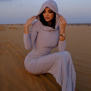 Elegant hooded long sleeve bodycon maxi dress for women in desert setting