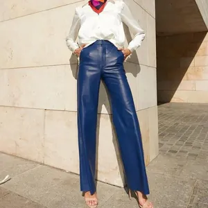Women European Style High Waist PU Leather Straight Leg Casual Pants Lifting Buttocks Fashion Streetwear Trousers For Fall