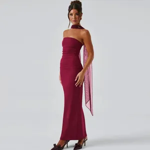 Elegant burgundy tube top maxi dress with matching sheer scarf for women evening party.