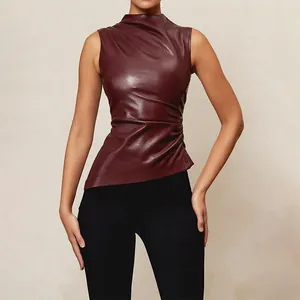 Women's Faux Leather Sleeveless Top Stand Collar Ruched Waist Irregular Hem Street Style Artificial Leather Vest Top For Daily Party