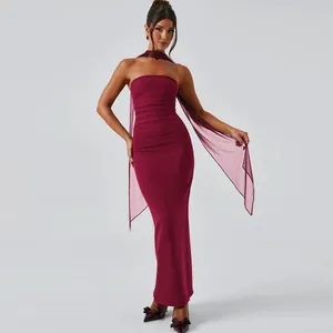 Elegant burgundy strapless bodycon maxi evening dress with a matching mesh scarf wrap