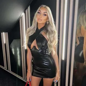 Detail view of a sexy black halter neck faux leather mini dress with cut-out front.