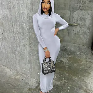 Elegant light grey hooded bodycon maxi dress with long sleeves for women street style
