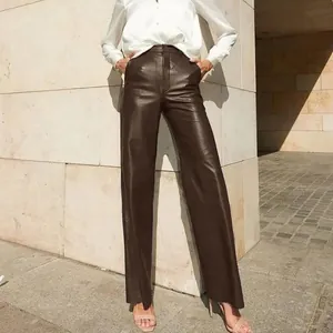 Stylish women's high-waisted dark brown PU leather straight-leg trousers for autumn