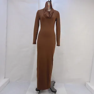 Full-length front view of a brown hooded long-sleeve bodycon maxi dress on a mannequin