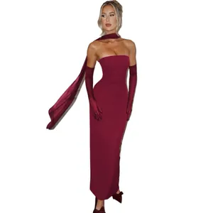 Elegant burgundy tube top evening dress with matching gloves and neck scarf accessories
