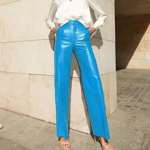 Chic electric blue high-waisted PU leather straight-leg trousers for autumn fashion