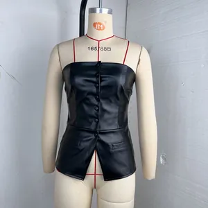 Detail view of a black PU leather tube top with single-breasted buttons on a mannequin.