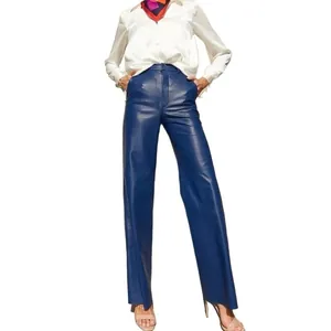 Fashionable deep blue PU leather high-waisted straight leg trousers for women's autumn style