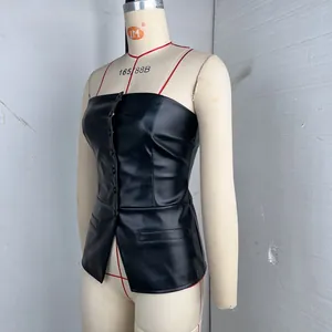Detailed side view of a black PU leather tube top featuring a single-breasted button design