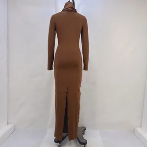Back view of a brown slim fit hooded maxi dress featuring a stylish rear slit detail