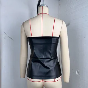 Detailed back view of a chic black PU leather tube top on a dress form mannequin