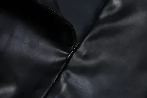 Close-up of the high-quality hidden zipper detail on a black faux leather dress