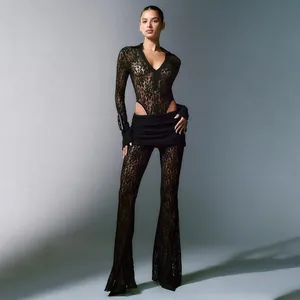 Sexy Schwarz Spitze Patchwork Tiefer V-Ausschnitt Langarm Top Und Hohe Taille Schlaghose Set Damen Nachtclub Party Kleidung