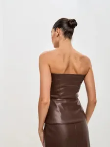 Detailed back view showing the texture and fit of a dark brown PU leather tube top