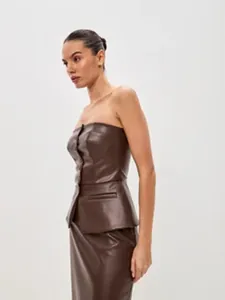Detailed side view of a chic brown PU leather single-breasted peplum tube top for women