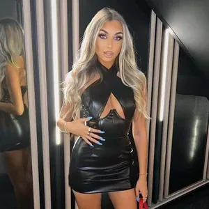Sexy black faux leather halter neck cutout bodycon mini dress for evening parties