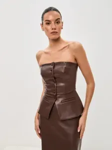 Chic brown PU leather strapless peplum top with button-down front detail.