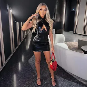 Sexy black faux leather halter neck bodycon mini dress with elegant chest cut-out detail