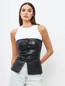 Stylish black PU leather corset tube top with single-breasted buttons for women