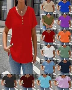 Explore multiple color options for this women's textured V-neck loose fit short-sleeve top