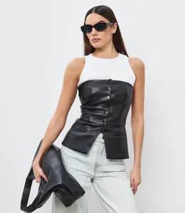 Chic black PU leather strapless bustier top featuring a single-breasted button front
