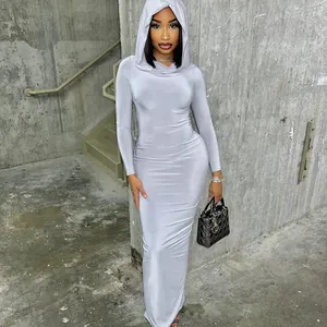 Women Milk Silk Hooded Bodycon Dress Elegant Solid Color Slim Fit Maxi Dress Long Sleeve Sleeveless Hip Wrap Dress