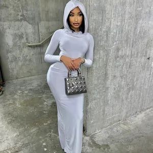 Elegant light grey long-sleeved hooded bodycon maxi dress in minimalist street style