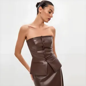 Women Sexy PU Leather Strapless Top French Design Single Breasted Corset Camisole Street Trend Slim Fit Leather Tube Top