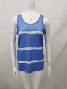 Blue sleeveless tank top with white horizontal stripes shown on a mannequin.