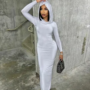 Elegant silver long sleeve hooded bodycon maxi dress for women in high-end socialite style