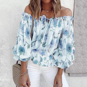 Elegant off-the-shoulder floral chiffon blouse with loose long sleeves and ruffles