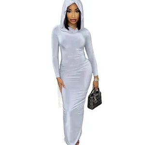 Elegant silver long sleeve hooded bodycon maxi dress for formal and casual wear