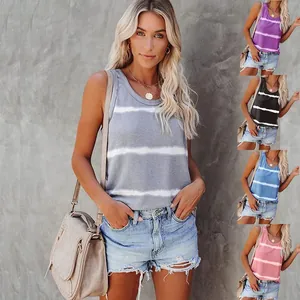 Women Casual Sleeveless Striped Tank Top Polyester Round Neck Loose Fit Summer Print Graphic Top For Daily Vacation Women