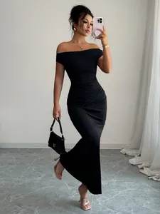 Elegant black off-shoulder maxi dress with slim-fit ruched design for formal events