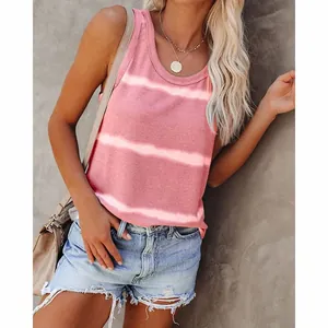 Summer women's casual round neck sleeveless tank top with pink tie-dye stripes