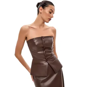 Elegant brown faux leather strapless top with chic button details and peplum hem