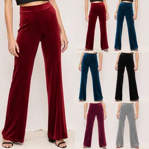 Women High Waist Velvet Flare Pants Casual Solid Color Elastic Waist Long Trousers Slimming Autumn Winter Streetwear Top