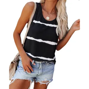 Fashionable sleeveless round neck striped tank top for women in classic black and white