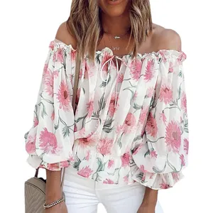 Sexy women's off-the-shoulder floral chiffon blouse with long puff sleeves and floral print