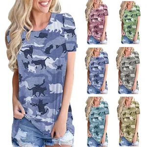 Camiseta de Verano de Manga Corta para Mujer Casual Cuello Redondo Estampado de Gato Animal Camuflaje Top Holgado Moda Diaria