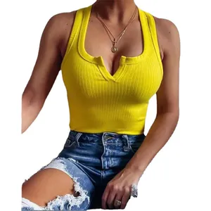 Sexueller hellgelber gerippter V-Ausschnitt Tank Top für Damen im schlanken Sommerstil