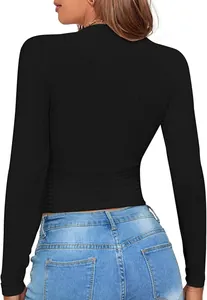 Detailed back view of a slim-fit black ribbed long sleeve knitted top for women