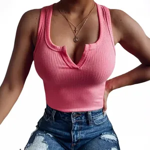 Sexiges rosa geripptes Tanktop mit V-Ausschnitt für Damen sommerliches ärmelloses Oberteil