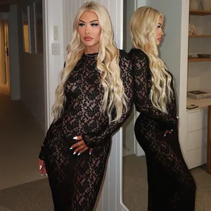 Elegante abito midi in pizzo nero trasparente a maniche lunghe per le vacanze donna